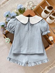 Conjunto 2 Peças Bebê Menina Blusa Gola Peter Pan Bordada Borboleta e Shorts