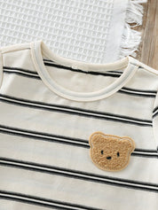 Conjunto 2 Peças Bebê Camiseta Listrada Urso e Shorts Liso Cintura Elástica