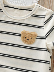 Conjunto 2 Peças Bebê Camiseta Listrada Urso e Shorts Liso Cintura Elástica