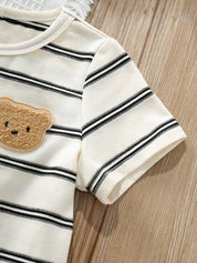 Conjunto 2 Peças Bebê Camiseta Listrada Urso e Shorts Liso Cintura Elástica