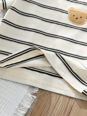 Conjunto 2 Peças Bebê Camiseta Listrada Urso e Shorts Liso Cintura Elástica