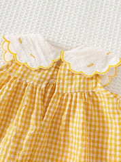 Vestido Bebê Menina Regata Xadrez Gola Bordada Pato Algodão