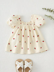 Vestido Bebê Menina Cereja Manga Pétala Laço Gola Quadrada