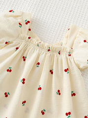Vestido Bebê Menina Cereja Manga Pétala Laço Gola Quadrada