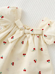 Vestido Bebê Menina Cereja Manga Pétala Laço Gola Quadrada