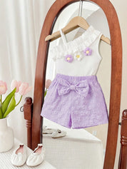 Conjunto Bebê Menina 2 Peças Top Floral Ombro Assimétrico e Shorts com Laço