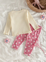 Conjunto 2 Peças Bebê Menina Blusa Canelada Manga Longa Coração e Calça
