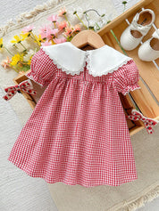 Vestido Bebê Menina Xadrez Gola Bordada Pato Manga Bufante Laço