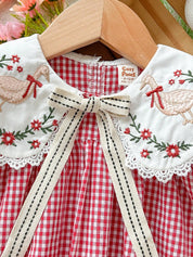 Vestido Bebê Menina Xadrez Gola Bordada Pato Manga Bufante Laço