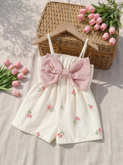 Macacão Bebê Menina Curto Alça Fina Estampa Floral Tulipa com Laço
