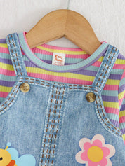 Conjunto 2 Peças Bebê Menina Top Listrado e Salopete Jeans Abelha Borboleta