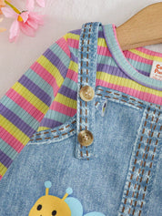 Conjunto 2 Peças Bebê Menina Top Listrado e Salopete Jeans Abelha Borboleta