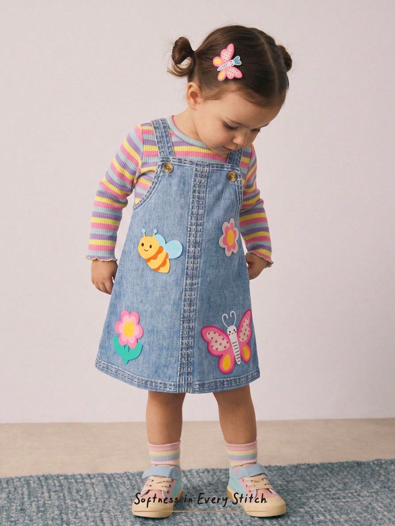 Conjunto 2 Peças Bebê Menina Top Listrado e Salopete Jeans Abelha Borboleta
