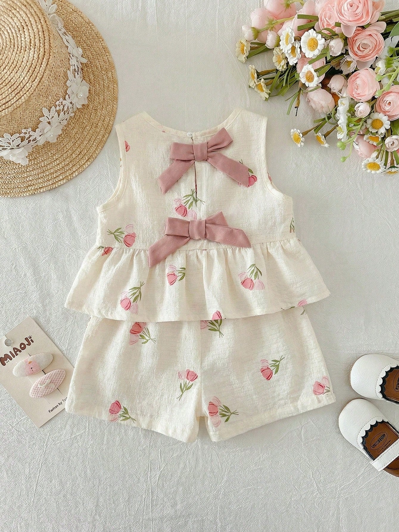 Conjunto Bebê Menina Blusa Regata Floral com Laço e Short Cintura Elástica