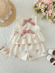 Conjunto Bebê Menina Blusa Regata Floral com Laço e Short Cintura Elástica
