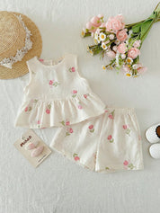 Conjunto Bebê Menina Blusa Regata Floral com Laço e Short Cintura Elástica