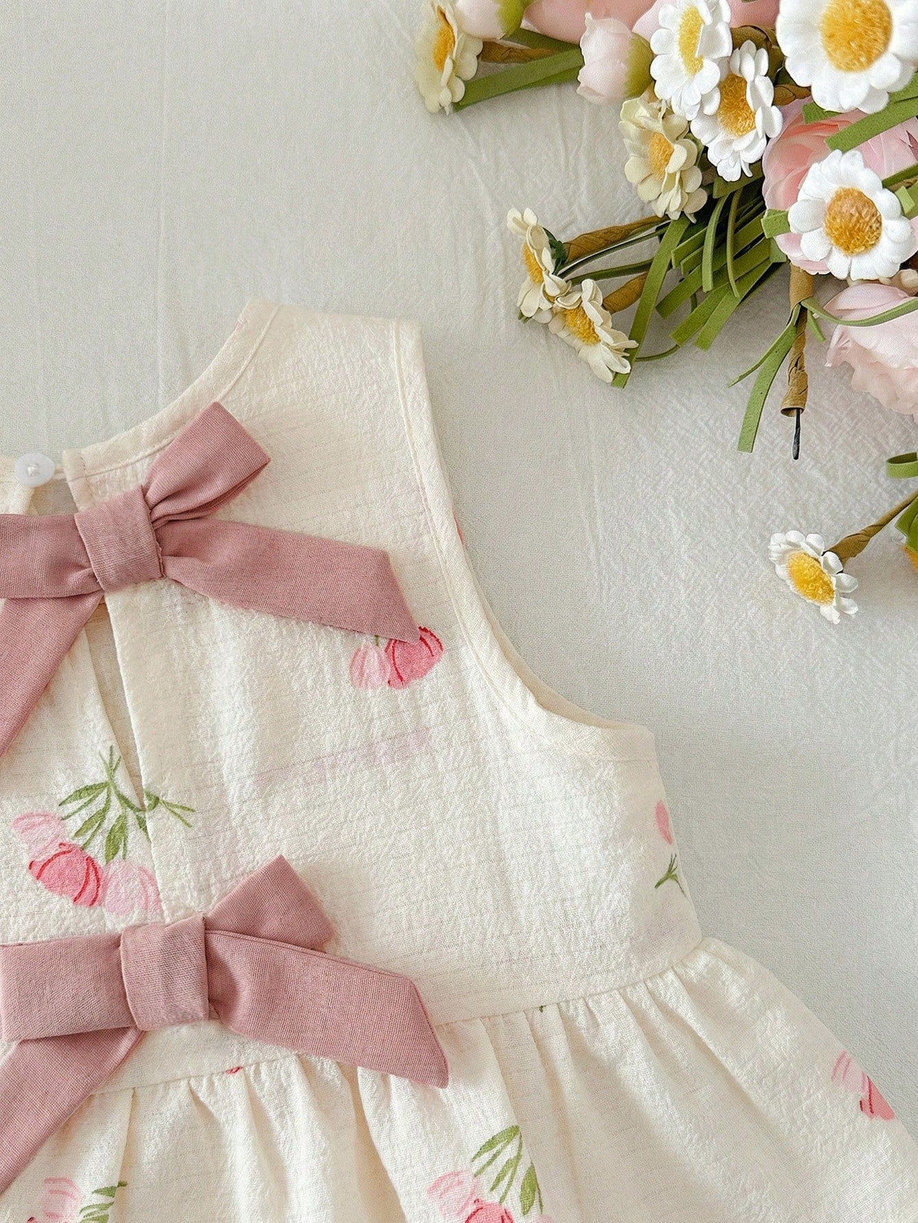 Conjunto Bebê Menina Blusa Regata Floral com Laço e Short Cintura Elástica