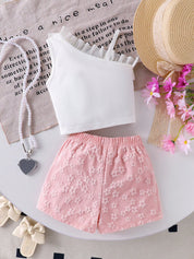 Conjunto Bebê Menina 2 Peças Top Floral Ombro Assimétrico e Shorts com Laço