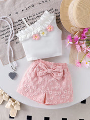 Conjunto Bebê Menina 2 Peças Top Floral Ombro Assimétrico e Shorts com Laço