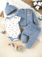 Conjunto Bebê Menino 4 Peças Body Estampa Carrinhos Casaco Calça Touca Plush