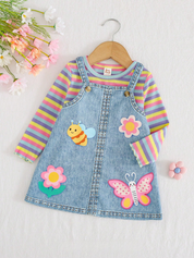 Conjunto 2 Peças Bebê Menina Top Listrado e Salopete Jeans Abelha Borboleta
