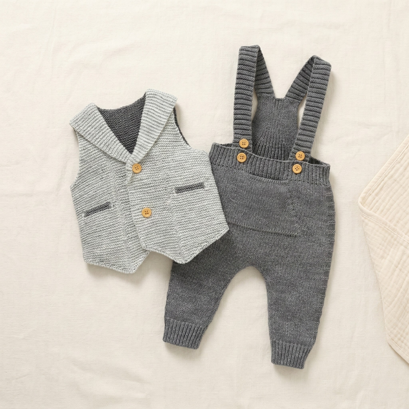 Conjunto Bebê de Tricô com Macacão e Colete Social