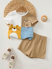 Conjunto 2 Peças Bebê Menino Camiseta Colorblock Tigre Cachorro e Shorts