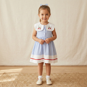 Vestido Infantil Listrado Azul com Gola Bordada Cerejas