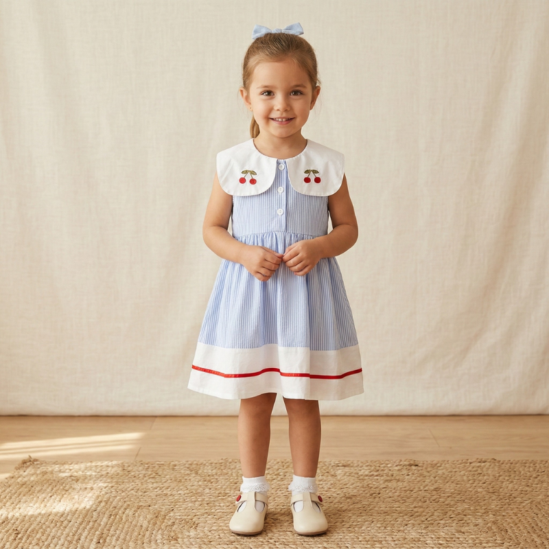 Vestido Infantil Listrado Azul com Gola Bordada Cerejas