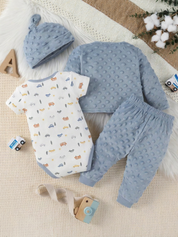 Conjunto Bebê Menino 4 Peças Body Estampa Carrinhos Casaco Calça Touca Plush