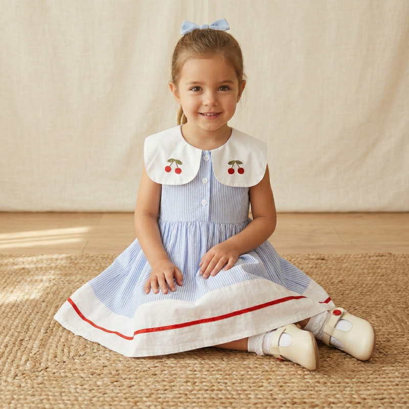 Vestido Infantil Listrado Azul com Gola Bordada Cerejas