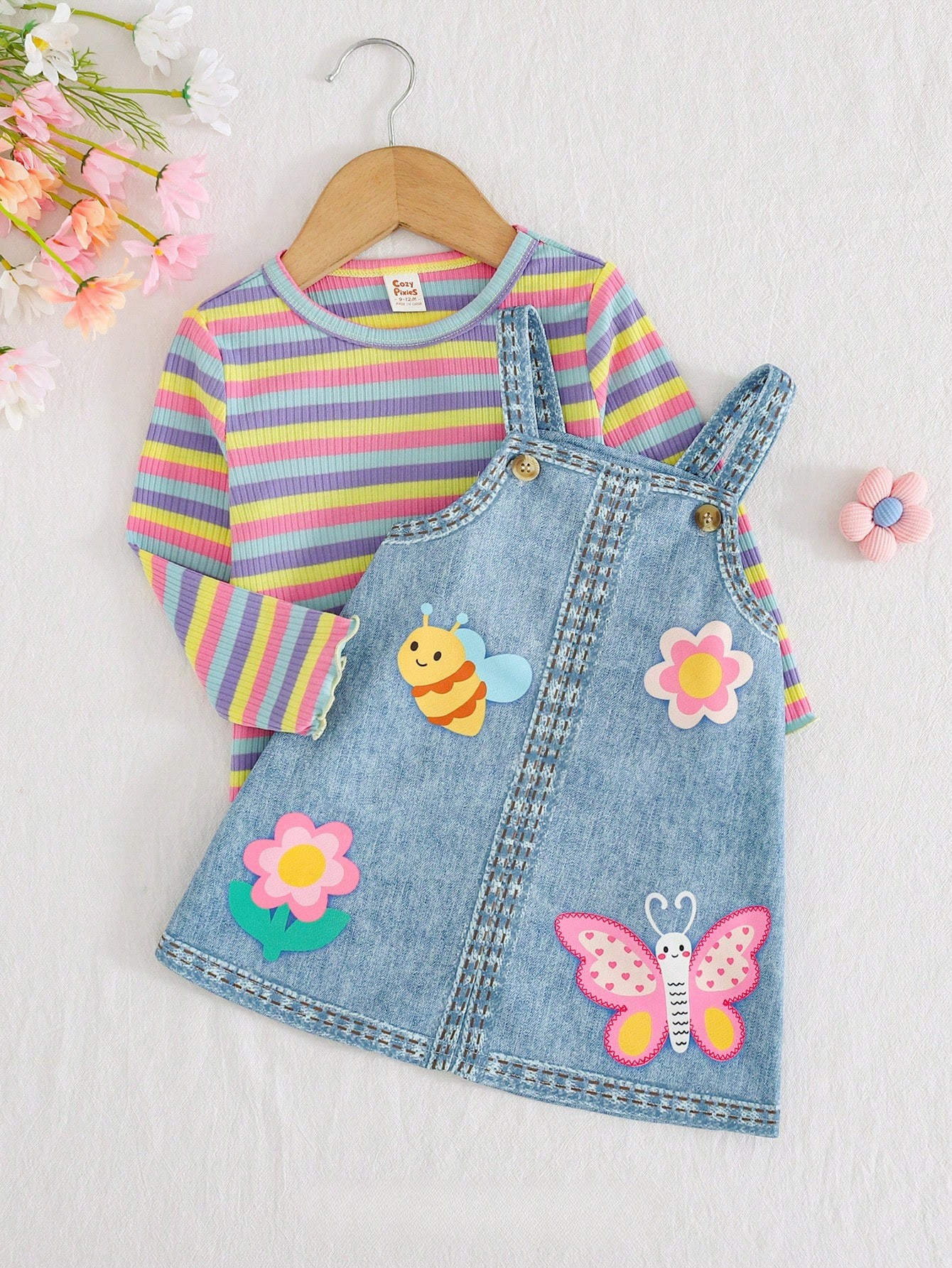 Conjunto 2 Peças Bebê Menina Top Listrado e Salopete Jeans Abelha Borboleta