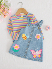 Conjunto 2 Peças Bebê Menina Top Listrado e Salopete Jeans Abelha Borboleta