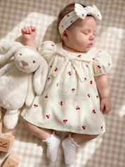 Vestido Bebê Menina Cereja Manga Pétala Laço Gola Quadrada