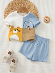 Conjunto 2 Peças Bebê Menino Camiseta Colorblock Tigre Cachorro e Shorts