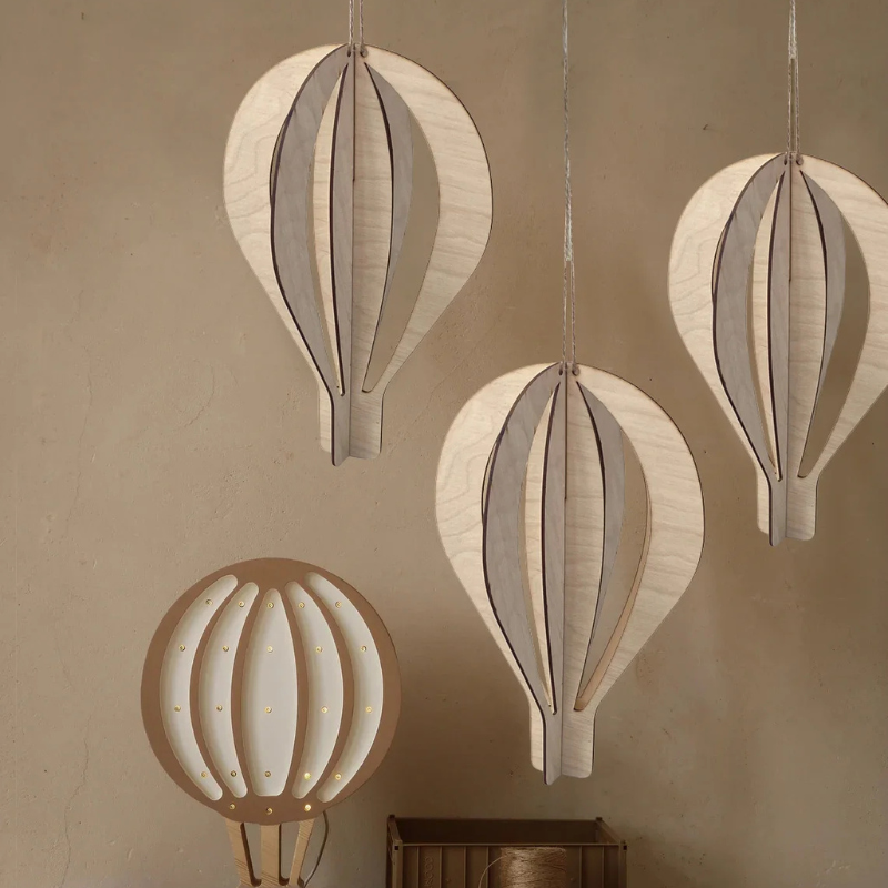 Decoração Infantil Balão de Ar Quente 3D em Madeira - Conjunto 3 Peças
