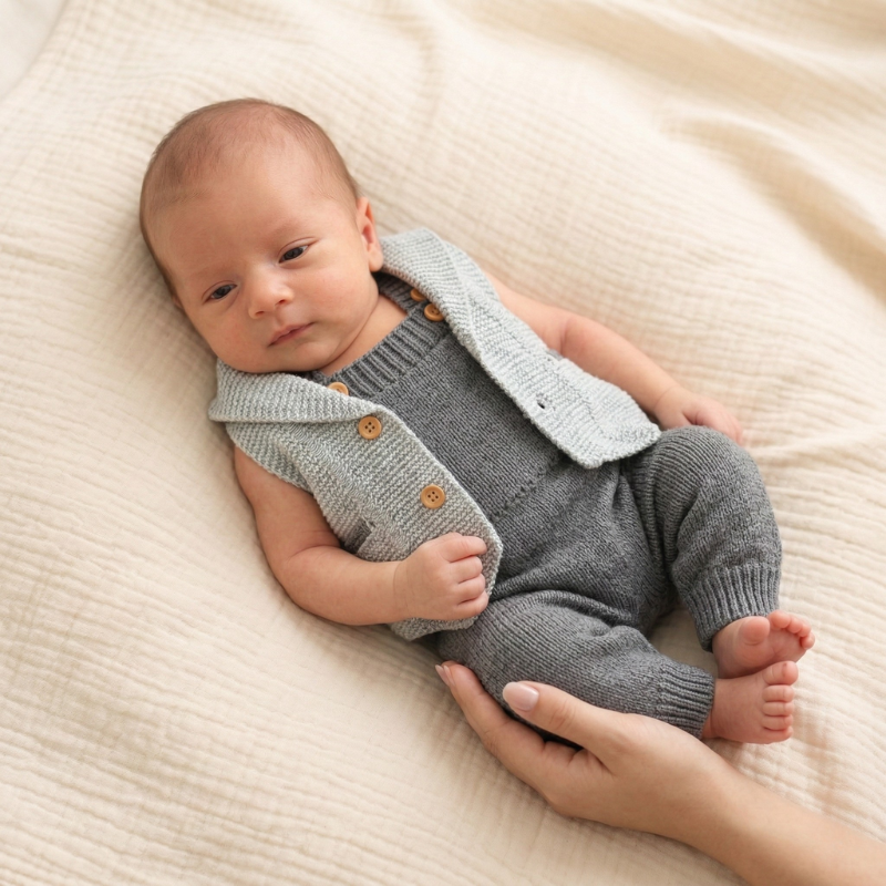 Conjunto Bebê de Tricô com Macacão e Colete Social