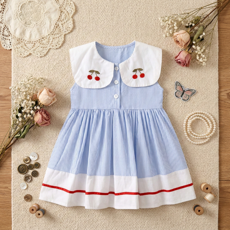 Vestido Infantil Listrado Azul com Gola Bordada Cerejas