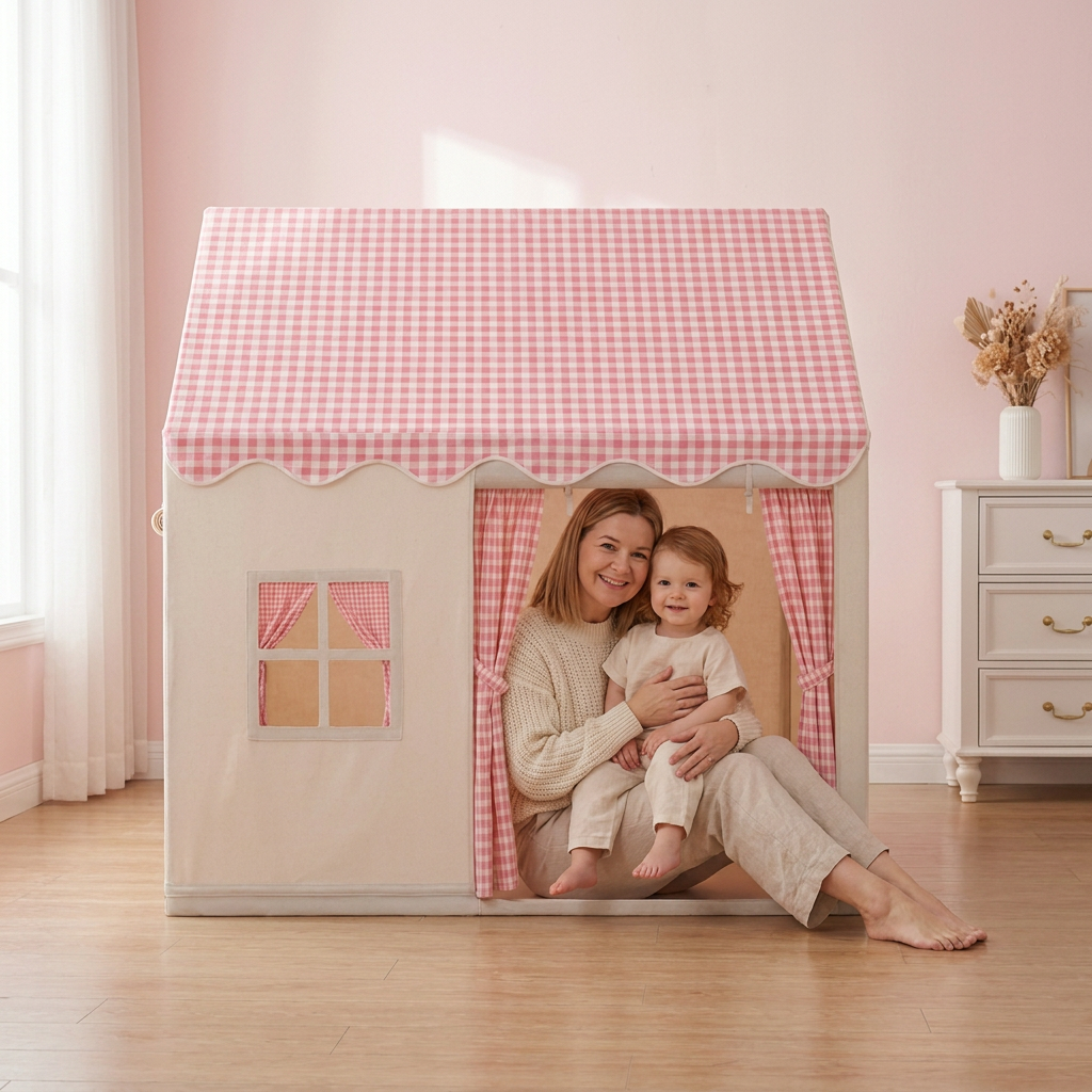 Casinha Tenda Infantil com Cortinas Telhado Xadrez Janela Decorativa - Kabannas