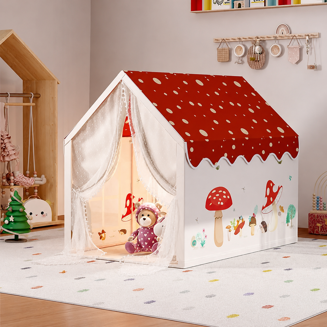 Casinha de Brincar Infantil Temática Cogumelo com Cortina Dupla