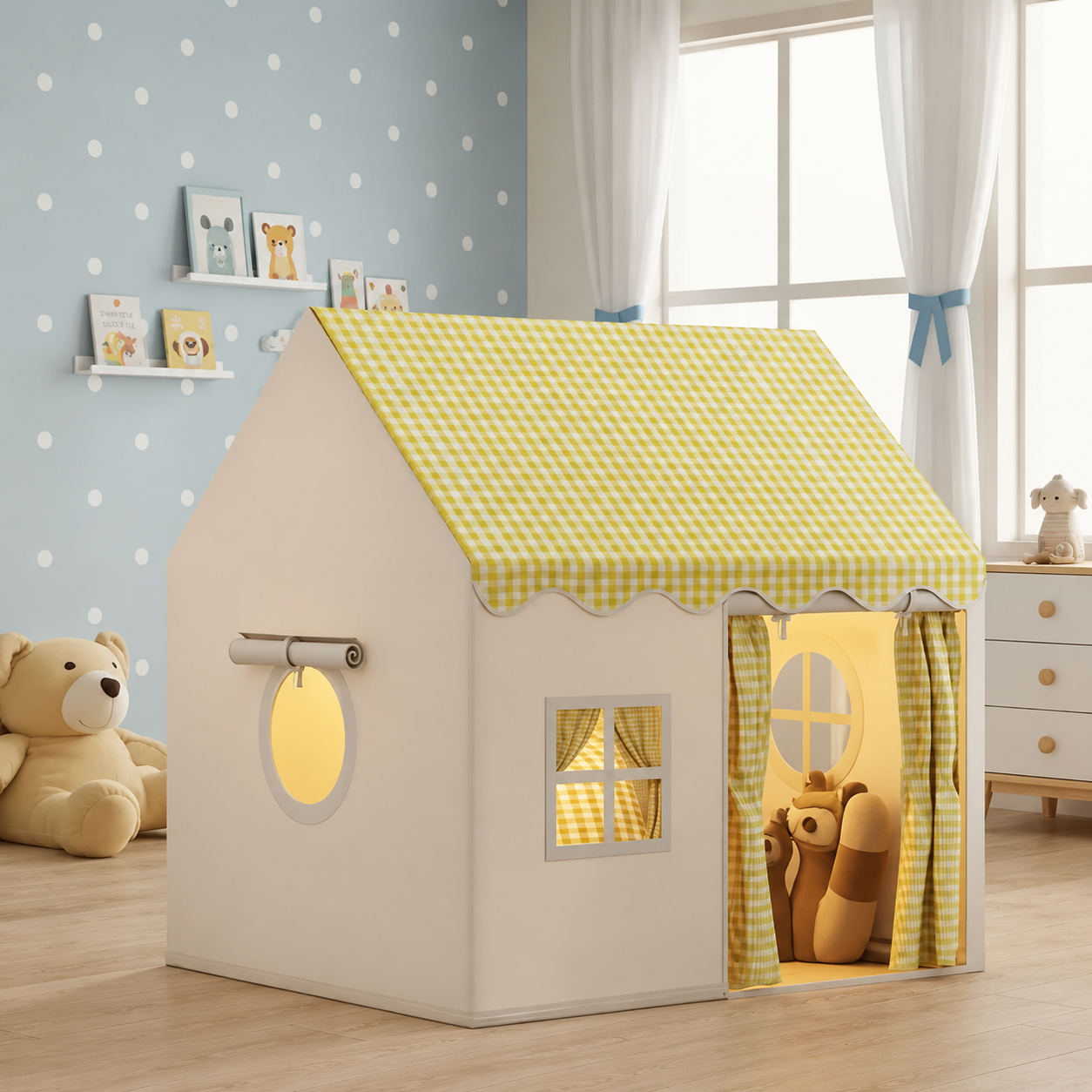 Casinha Tenda Infantil com Cortinas Telhado Xadrez Janela Decorativa