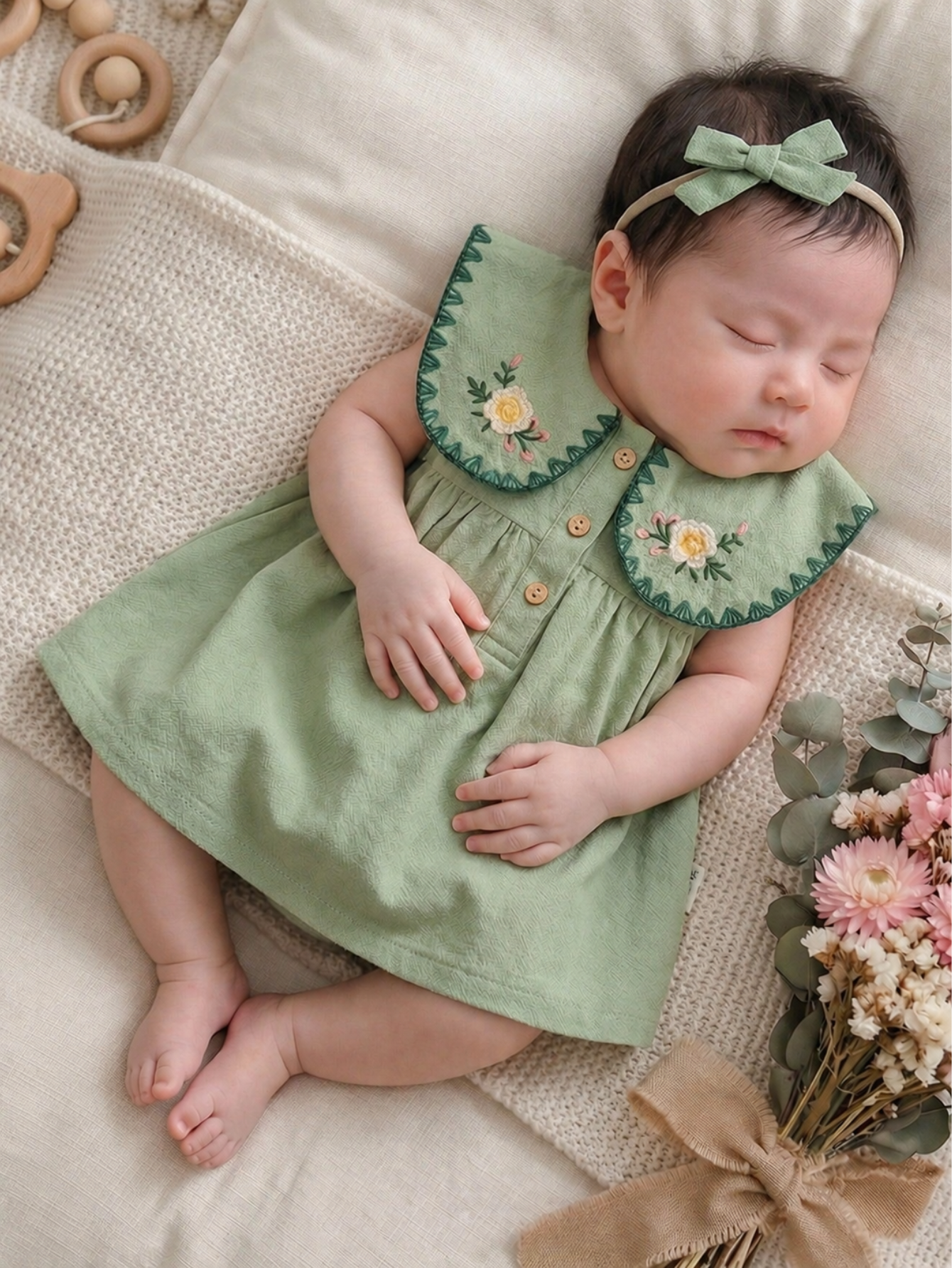 Vestido Bebê Menina em Algodão Gola Bordada Floral com Botões