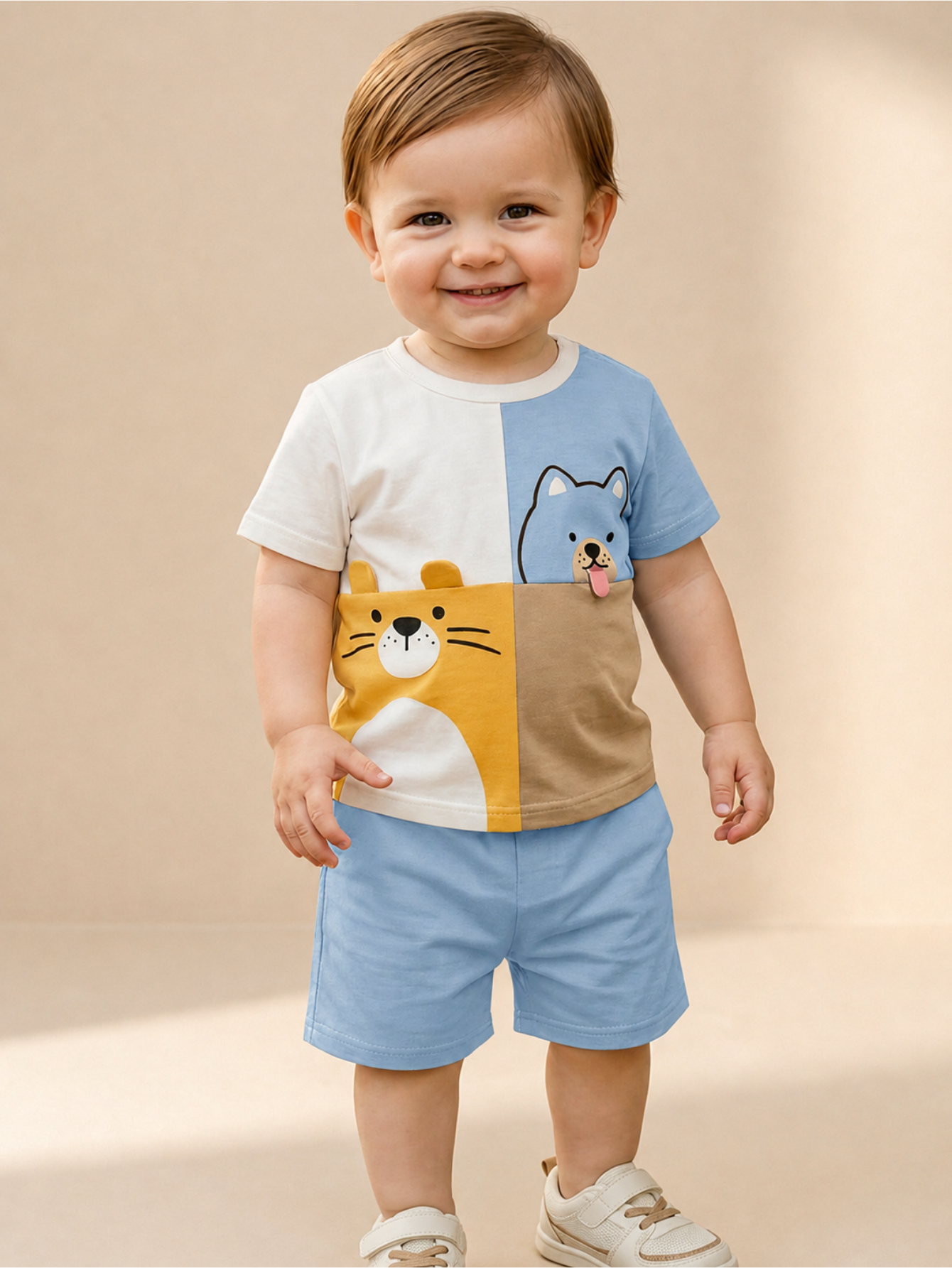 Conjunto 2 Peças Bebê Menino Camiseta Colorblock Tigre Cachorro e Shorts