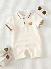 Macacão Body Bebê Menino Polo Manga Curta Patch Urso