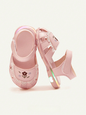 Sandália Bebê Menina Fechada com Luz LED Bordado Floral Renda Velcro