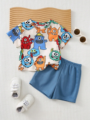 Conjunto 2 Peças Bebê Menino Camiseta Monstros Colorida e Shorts Liso