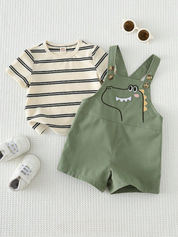 Conjunto 2 Peças Bebê Menino Camiseta Listrada Manga Curta e Jardineira Dinossauro