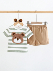 Conjunto 2 Peças Bebê Menino Camiseta Urso Aplique Pelúcia e Shorts