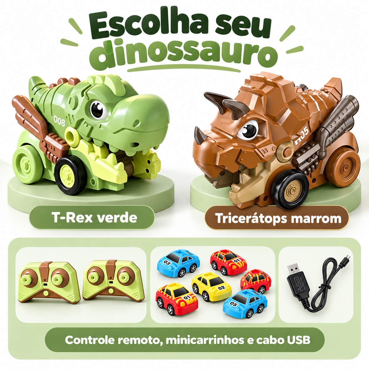 Carrinho Dinossauro Controle Remoto Infantil com Minicarrinhos Magnéticos