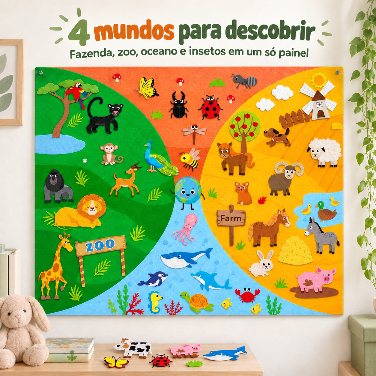 Painel Educativo Infantil de Feltro 4 Temas Fazenda, Zoo, Oceano e Insetos